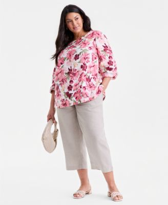 Plus Size Linen Floral-Print 3/4-Sleeve Blouse