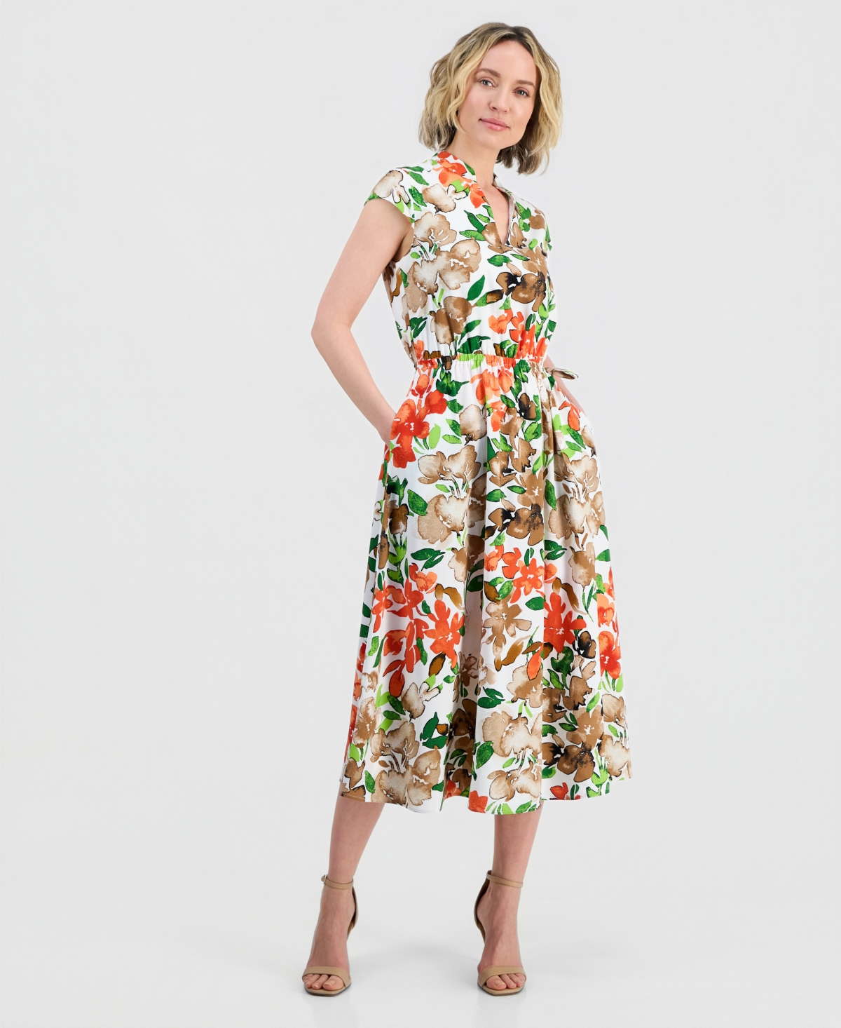 Kasper Women's Cap-Sleeve Drawstring Midi Dress