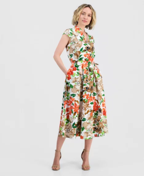 Petite Cap-Sleeve Drawstring Midi Dress - Vanilla Ice Multi