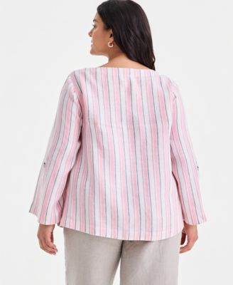 Plus Size Linen Multi-Stripe Roll-Tab-Sleeve Top