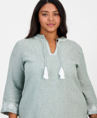 Plus Size 100% Linen Y-Neck Corded Trim Mini Dress