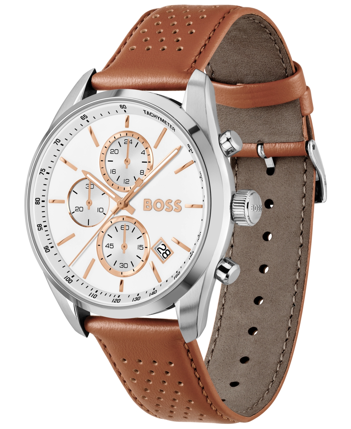 Hugo Boss Men's Grand Prix 44 Quartz Chrono Brown Leather Watch, 44.5mm