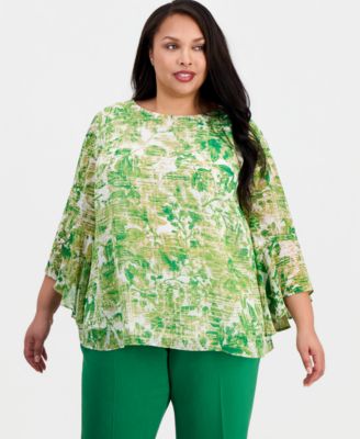 Plus Size Printed Boat-Neck Ruffle-Sleeve Blouse