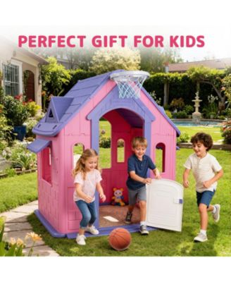 Large Kids Playhouse for Indoor Outdoor with Basketball Ring Toss Play and DIY Stickers for Girls Boys Ages 2