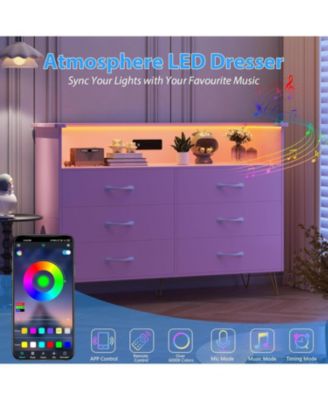 6 Drawer Dressers for Bedroom,Dresser with LED Lights Power Outlet,6-Drawer Wooden Chest with 2-Tier Open Shelf