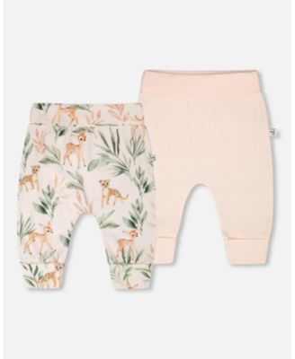 Baby Girls 2 Pack Cotton Jersey Evolutive Pants Peach and Peach Deer Print