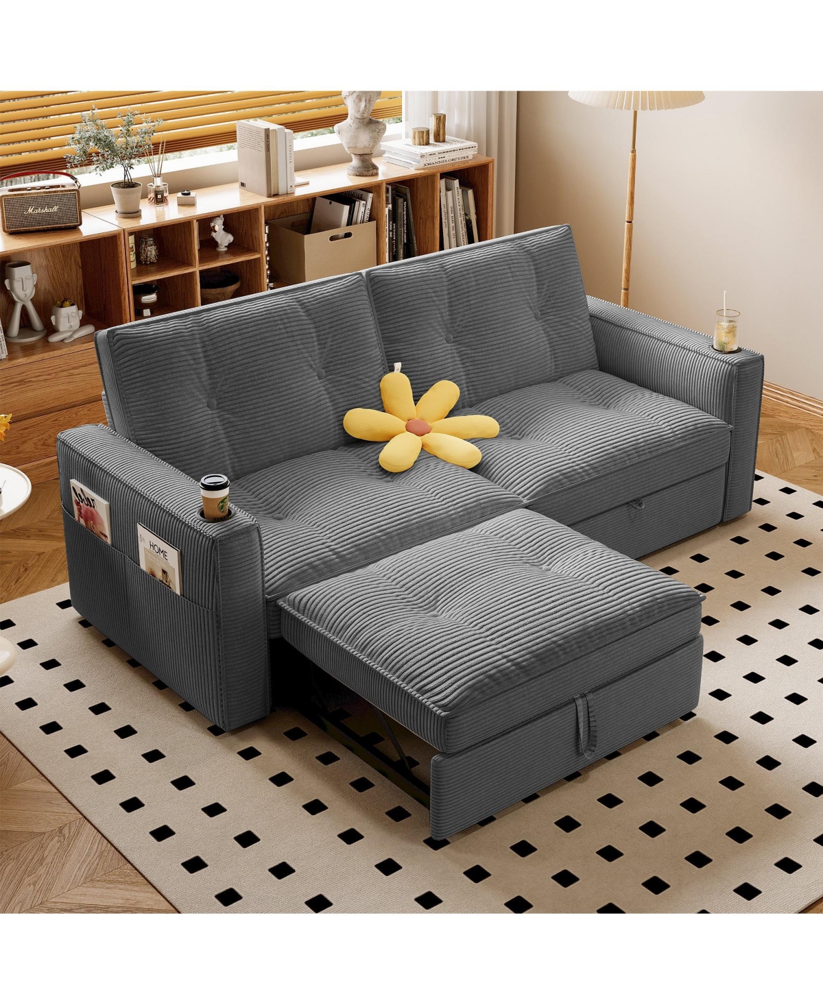 Boyel Living Multi-Functional Convertible Sofa Bed 2-in-1 Pull Out Bed, Modern Corduroy Fabric Couches with Cup Holders