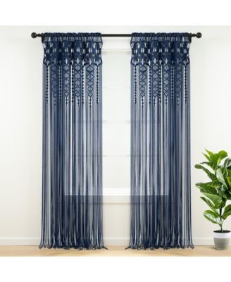 Boho Macrame Textured Cotton Window Curtain Panel Single 40"W x 84"L Navy - Macrame Curtains For Windows, Room Divider, Boho Wall Decor