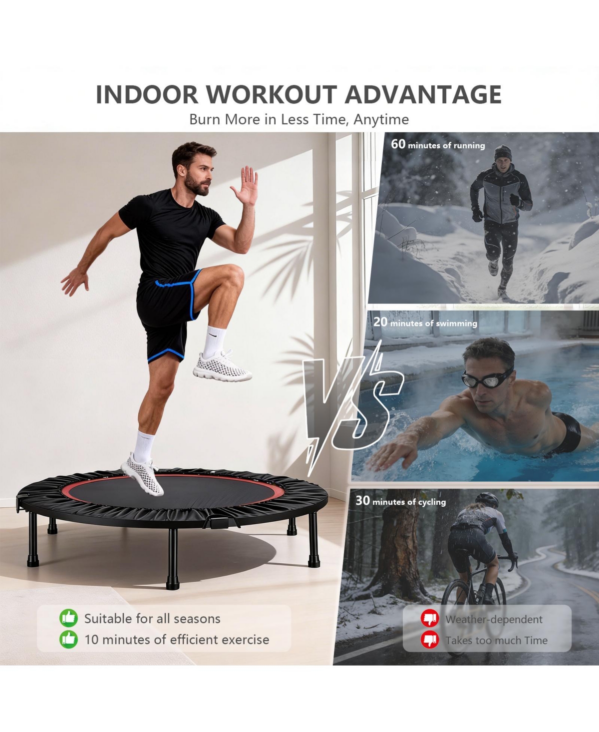 Sugift 40-Inch Fitness Trampoline for Adults with Adjustable Handle Bar and Resistance Bands for Indoor/Outdoor