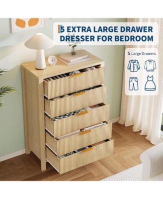 Fluted 5 Drawer Dresser, 45 Tall Slim Dresser for Small Spaces, Modern Farmhouse Wooden Chest of Drawers for Bedroom Nursery Apartment, Easy