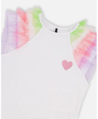 Toddler Girls Cotton Jersey T-Shirt White with Multicolor Mesh Sleeves