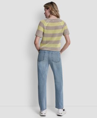 Women's Short-Sleeve Raglan Stripe Pointelle Pull-On Sweater