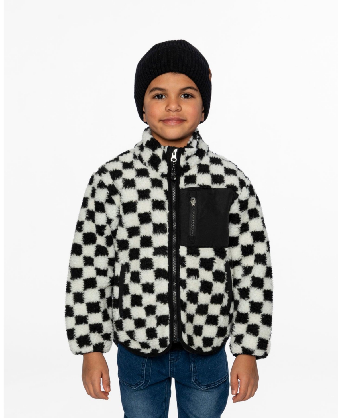 Deux par Deux Kids Unisex Sherpa Jacket Black Checkerboard - Toddler|Child