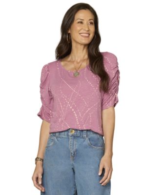 Petite Printed Ruched-Sleeve Scoop-Neck Top