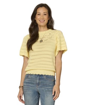 Petite Flutter Crochet Yoke Sweater