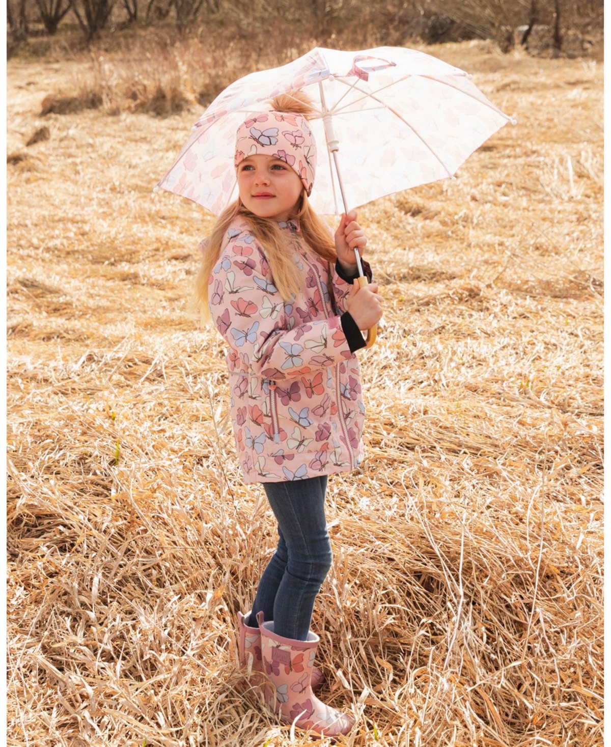 Deux par Big Girls Mid-Season Jacket Pink Printed Butterflies