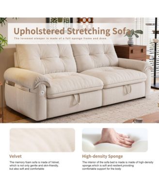 Multifunctional Sofa Bed, 77-inch Modern Velvet Fabric Convertible Sofa Couches, 2-in-1 Pull Out Sofa Bed with USB Charger, Beige