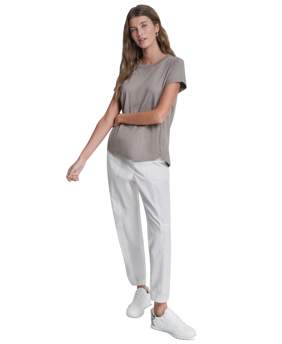 Dkny Sport Women's Embroidered Crewneck Logo Roll-Sleeve Top