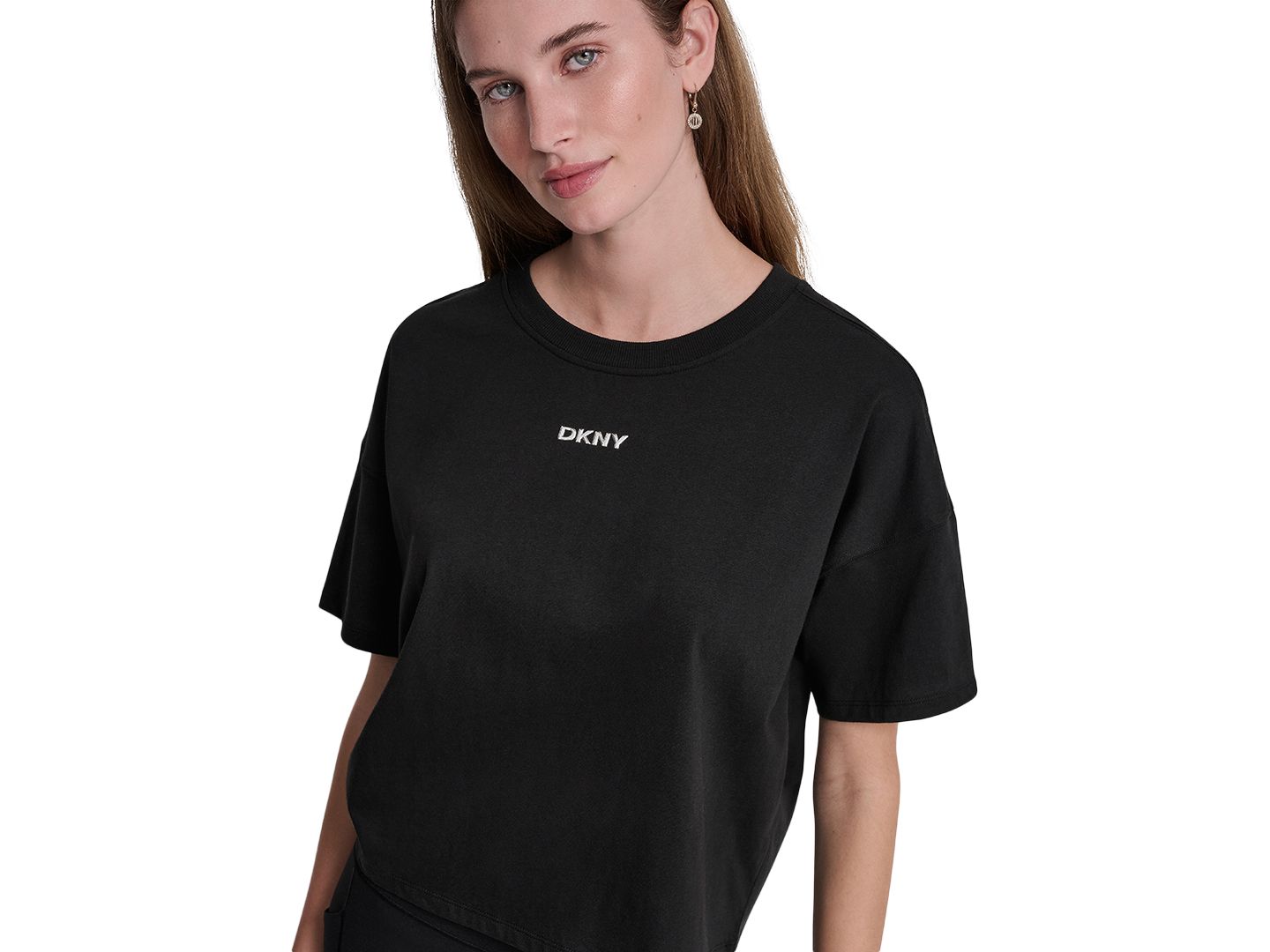 Женская футболка DKNY Sport Metallic Bubble Logo Drop Shoulder Pull-On, цвет: Чёрный — фото 4
