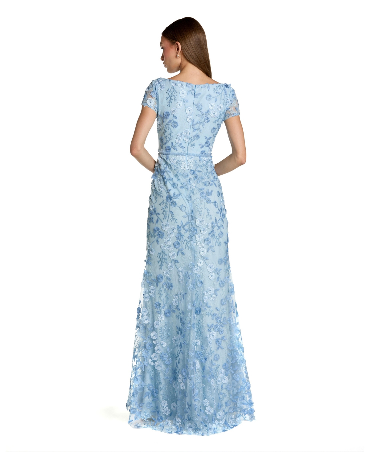 Mac Duggal Petite Floral Applique Boat Neck Short Sleeve Gown