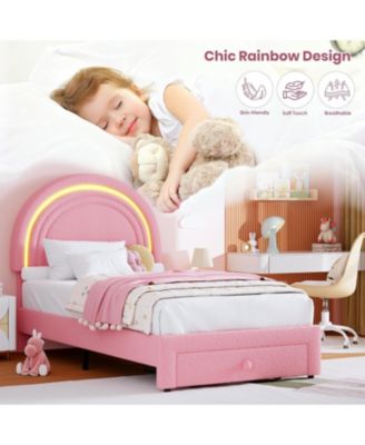 Twin LED Bed Frame with Storage Drawer, Rainbow Headboard, Fleece Princess Platform for Kids, Wood Slats, No Box Spring, Pink