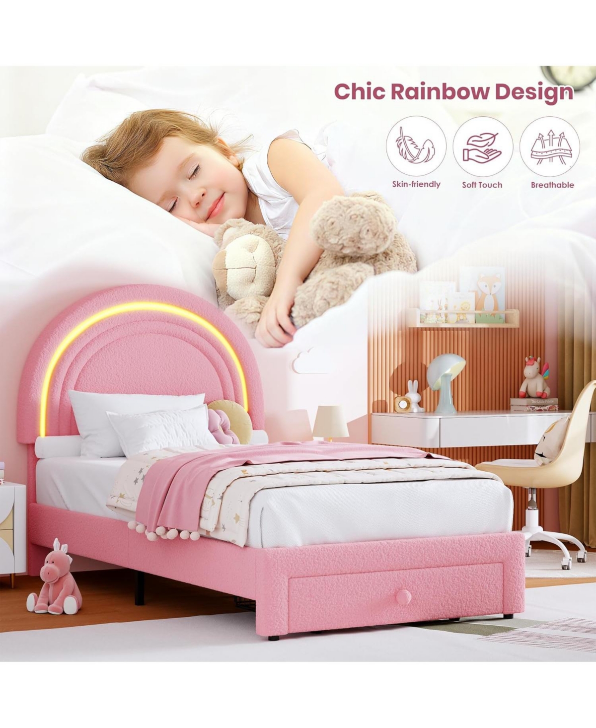 gaomon Twin Led Bed Frame with Storage Drawer, Rainbow Headboard, Fleece Princess Platform for Kids, Wood Slats, No Box Spring, Pink