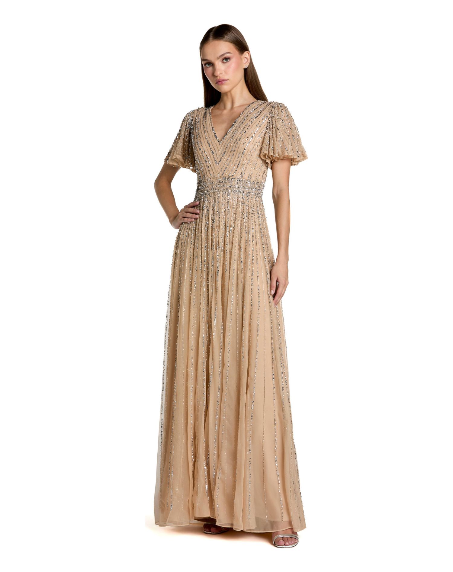 Women's Hand Embellished V-Neck Flutter Sleeve Gown
