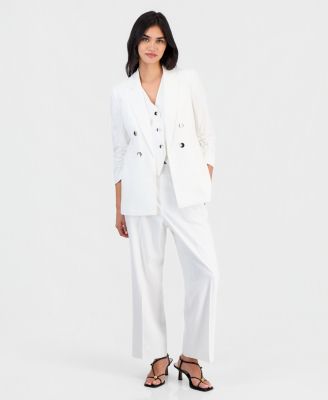 Women's Linen-Blend Scrunch-Sleeve Blazer, Button-Front Vest & Pull-On Pants