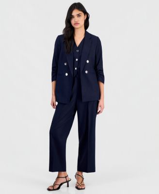 Women's Linen-Blend Scrunch-Sleeve Blazer, Button-Front Vest & Pull-On Pants