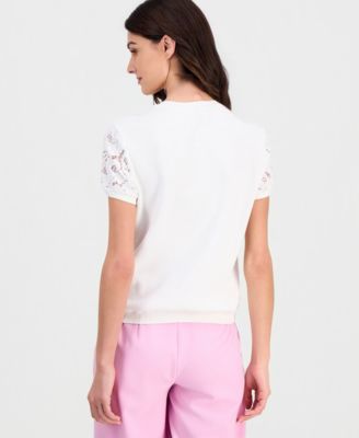 Petite Lace-Front Crewneck Sweater