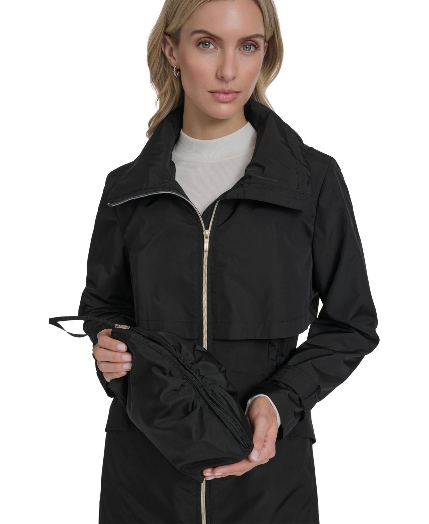 Women's Zip Up Trench Coat With Stow Away Hood
