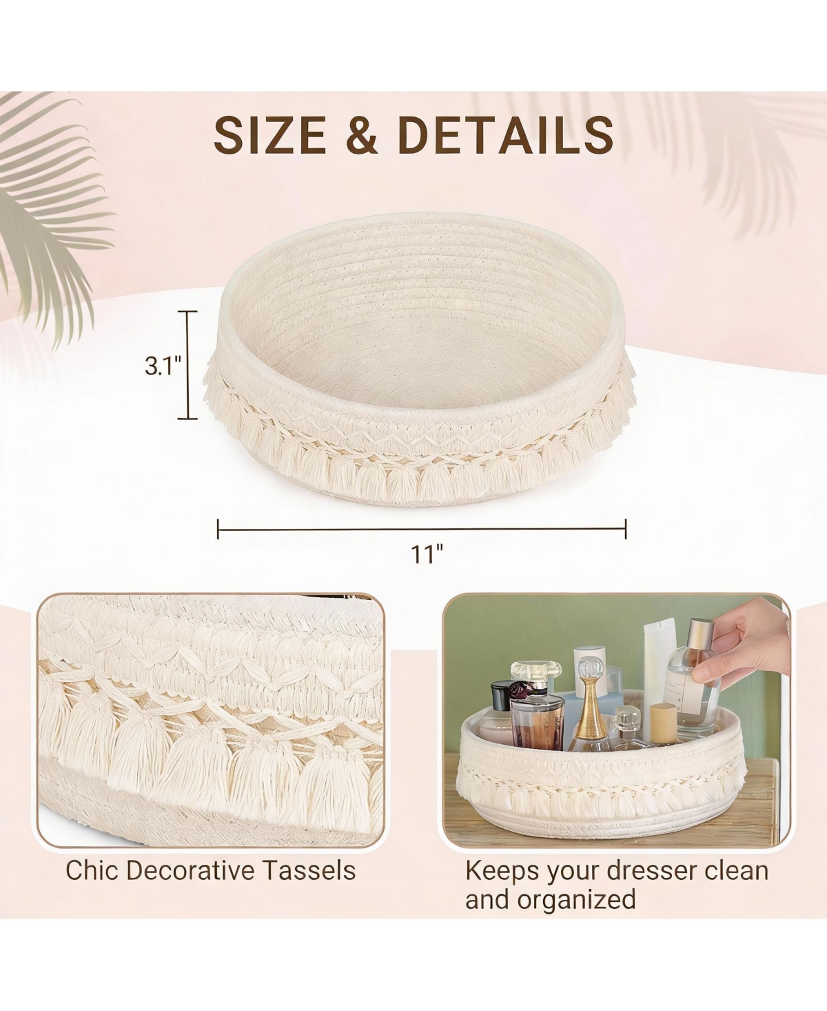 Yigii Macrame Makeup Basket with Tassels for Storage - Boho Decor Multi-Purpose