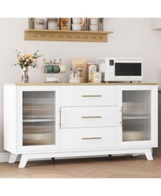 56" Large Sideboard Buffet with Drawer, Buffet Storage Cabinet with Adjustable Shelves and Fluted Glass Door, Modern Coffee Bar Cabinet