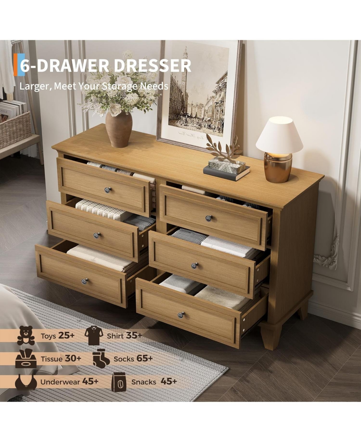 gaomon 6-Drawer Dresser, Wooden Storage Chest with Metal Handles