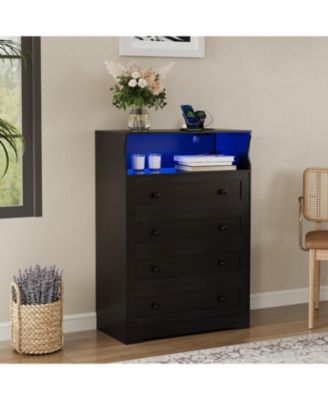4-Drawer Wooden Dresser with LED Lights & Charging Station, Modern Nightstand Chest for Bedroom