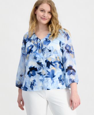 Plus Size Cascade Ruffle-Front Blouse