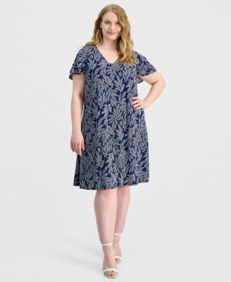 Plus Size V-Neck Flutter-Sleeve Dress