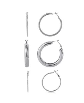 JS 3-Piece Textured Silver-Tone Hoop Earring Set