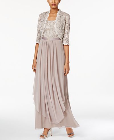 R&M Richards Sequined Lace Belted Gown and Jacket - Dresses - Women - Macy&#39;s