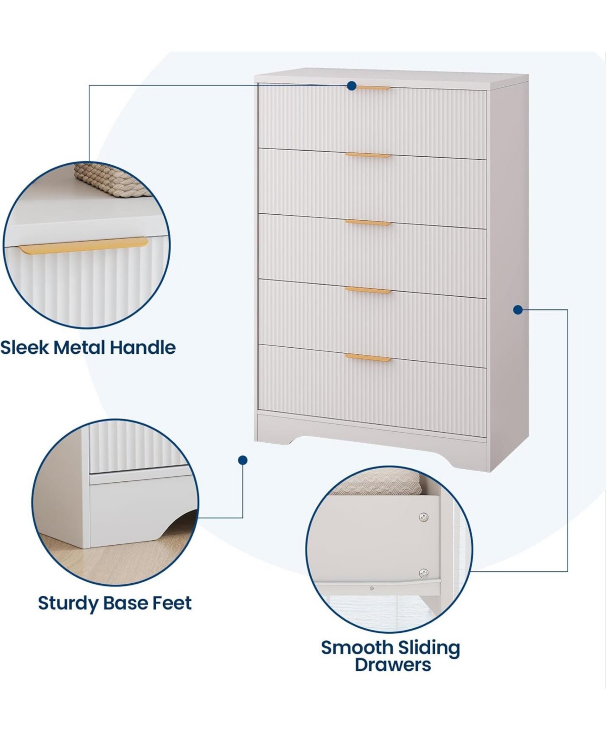 gaomon Dresser for Bedroom with 5 Drawers, Wave Fluted Modern Chest of Tall Wood Storage Organizer Nursery, Hallway, Living Room, Closet