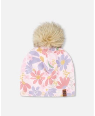 Baby Girls Stretch Jersey Hat Flower Print with Pompom