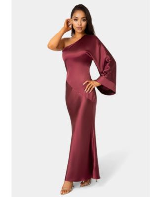 Women's One Shoulder Bell Sleeve Satin Maxi Dress