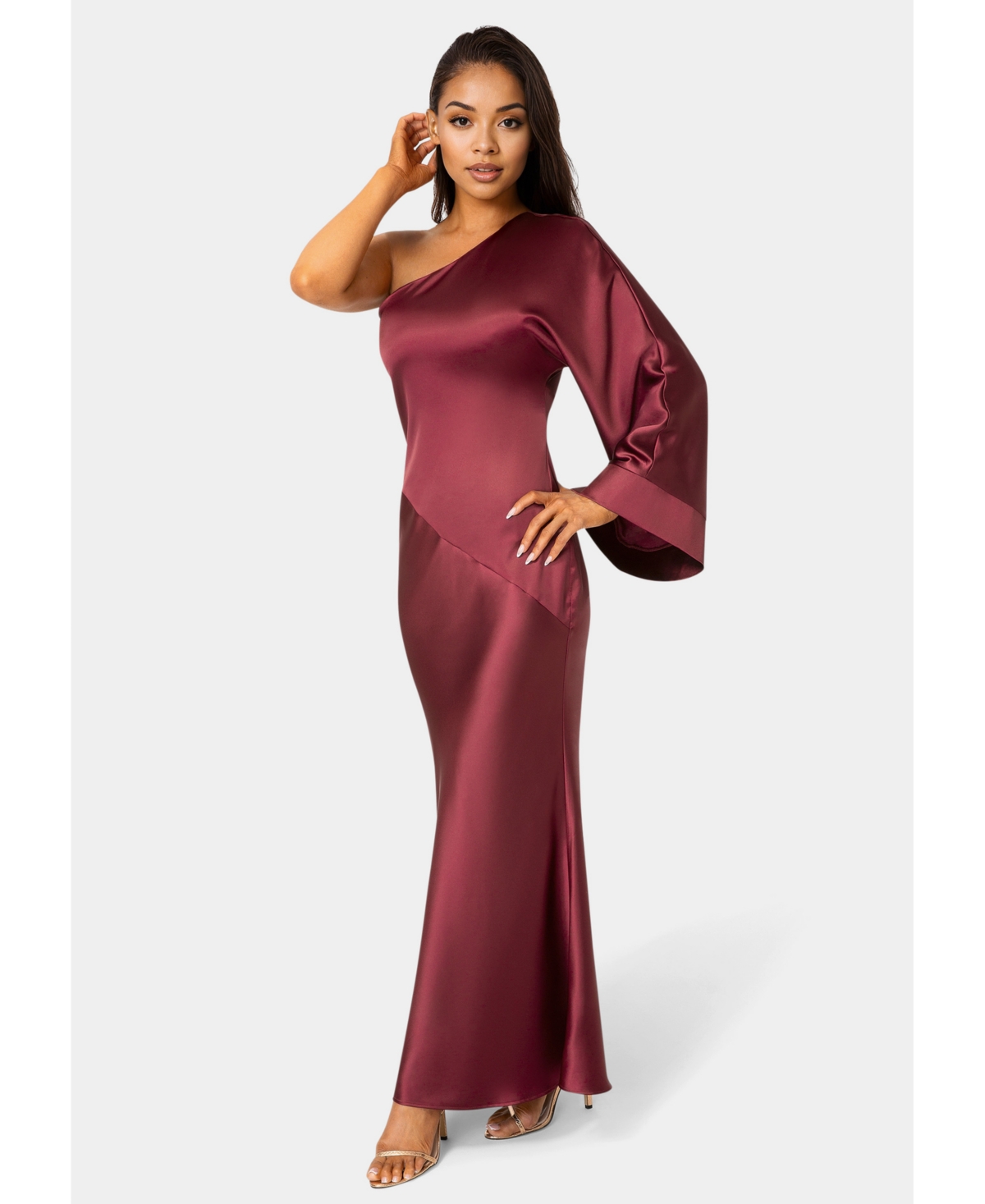 Bebe Women's One Shoulder Bell Sleeve Satin Maxi Dress