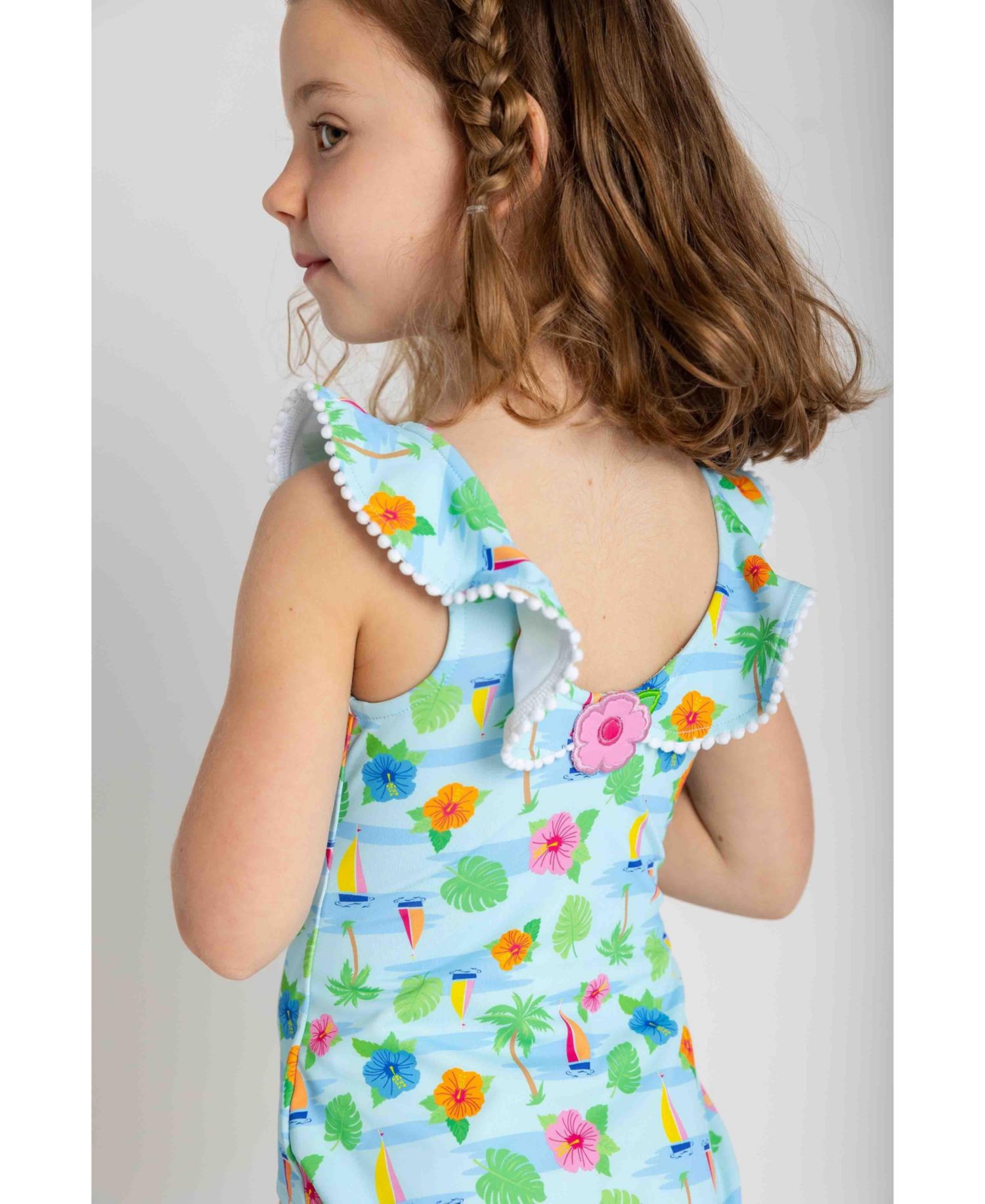 Little Girls Tropical Print Ruffle Neck Swimsuit