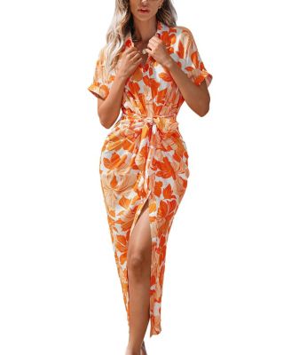 Women's Collared Short Sleeve Tie-Front Maxi Dress