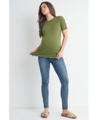 Women's Maternity Ribbed Crew Neck Short Sleeve Top with Lettuce Hem
