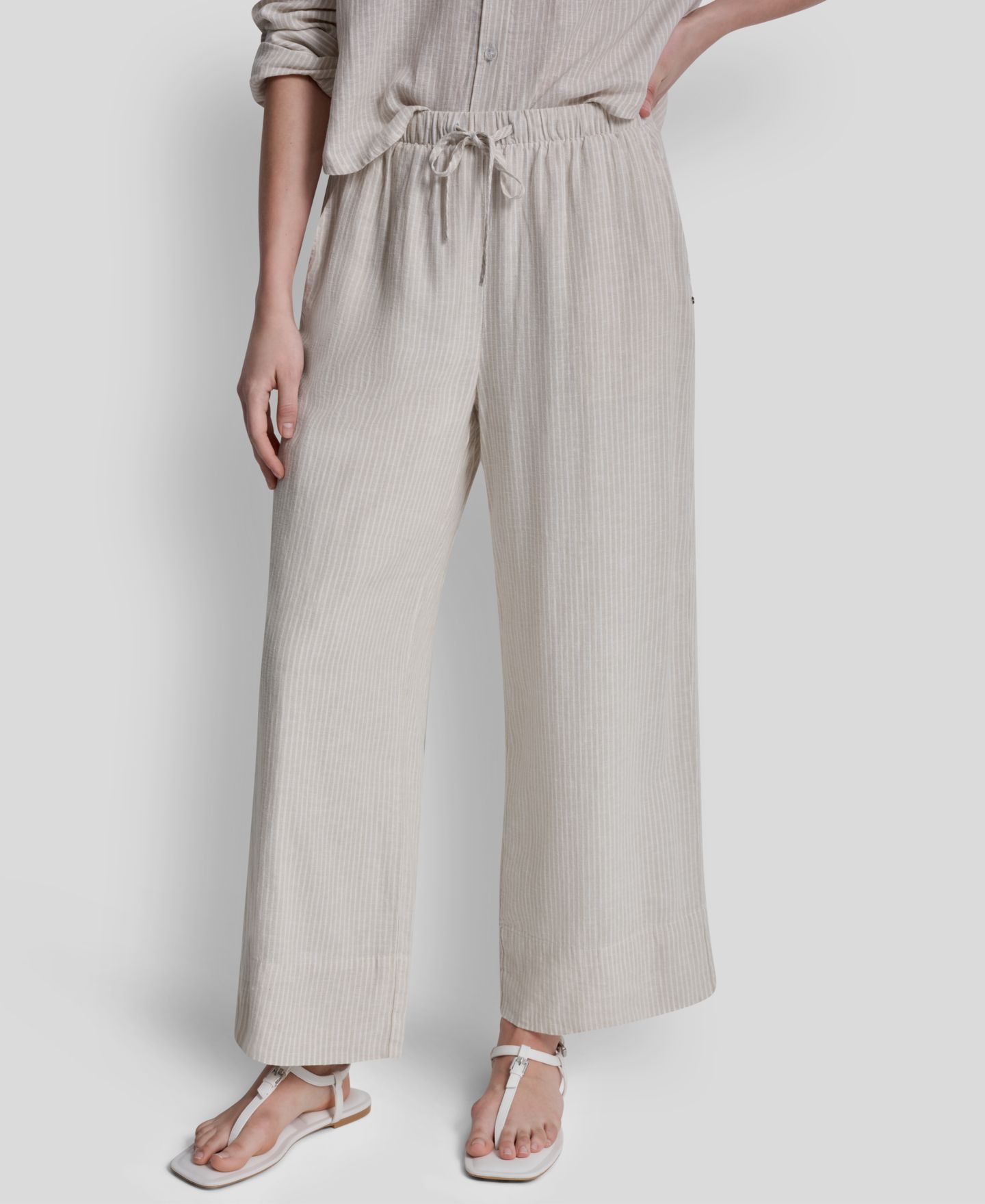 Женские брюки DKNY Jeans Petite Linen-Blend High-Waist Wide-Leg Drawstring, цвет: Галечный — фото 1