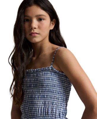 Girls' 7-16 Plaid Smocked Straight Neck Jersey Dress