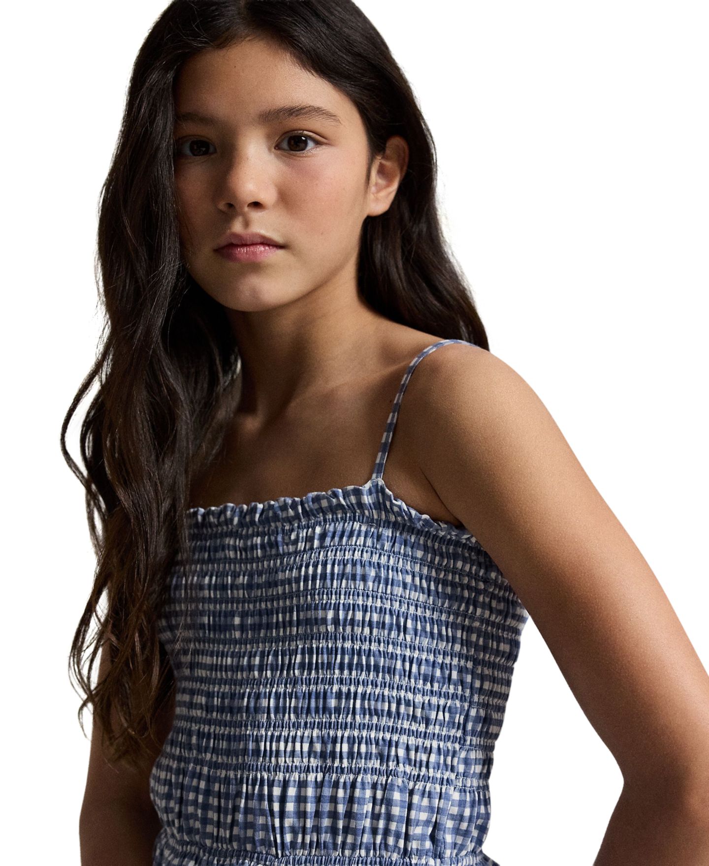 Платье Polo Ralph Lauren Plaid Smocked Straight Neck Jersey Dress для девочек, цвет: Синий в мелкую клетку — фото 2