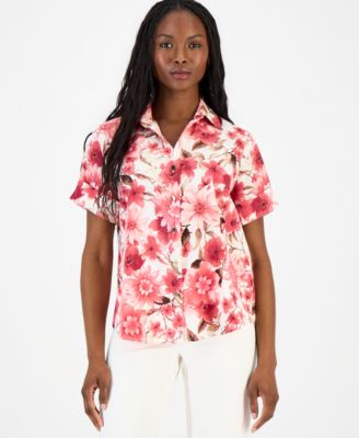 Petite Printed Short-Sleeve Button-Front Shirt